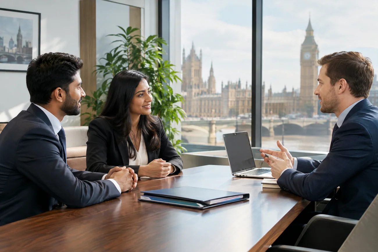 Illustrative UK consultancy and travel-themed scene